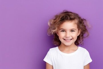 Purple background Happy european white child realistic person portrait of young beautiful Smiling child Isolated on Background Banner with copyspace 