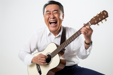 Obraz premium Portrait of a grinning asian man in his 50s playing the guitar while standing against plain white digital canvas