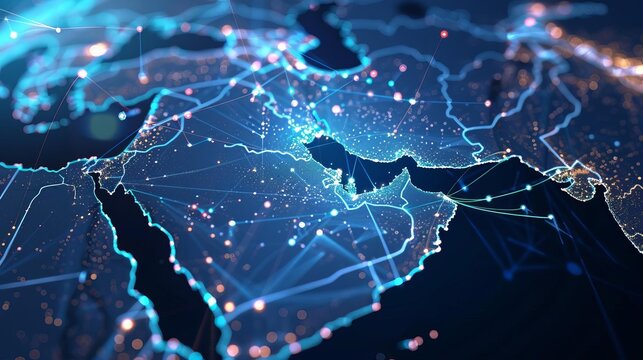 abstract network map of saudi arabia connecting middle east and north africa global data transfer concept digital illustration