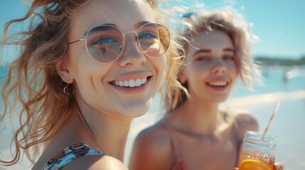 Two happy young women friends drinking cocktails at a summer festival on the beach. Generative ai