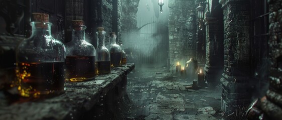 Fototapeta premium Mysterious medieval alley with stone walls and mist, featuring bottles of potion and lanterns, evoking a dark, eerie ambiance.
