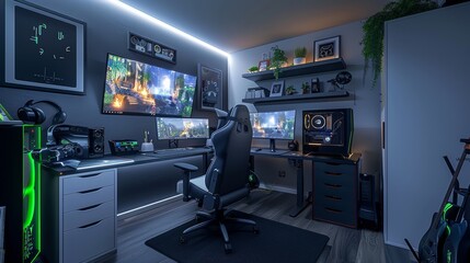 Modern High-Tech Home Office and Gaming Setup with Ambient Lighting. Generative ai