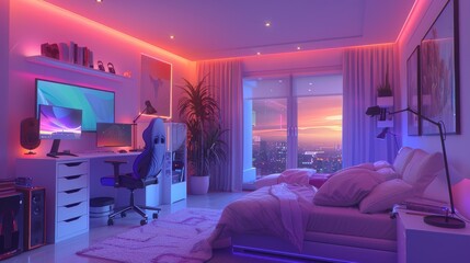 Modern Home Office with City View at Sunset: Stylish Interior Design. Generative ai