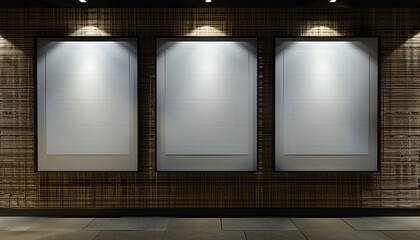 Three empty white frames with dark borders, arranged in a linear fashion against a wall with a woven rattan finish in a high-end architectural office. 