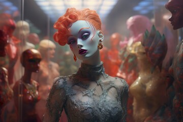 Stylized mannequin with bold makeup in a sci-fi inspired fashion setting