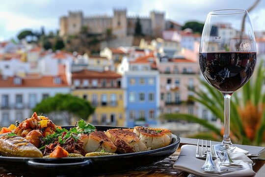 Lisbon's Essence: Savor a Flavorful of tipical food and wine at a Quaint Bistro, with the Historic S&atilde;o Jorge Castle Overlooking the Scenic Experience.