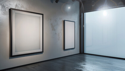 Two empty white frames with dark borders in an architectural studio, centrally spotlighted and angled--one facing slightly forward 