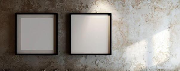 Two empty white frames with dark borders, spotlighted in a sleek architectural design studio against a wall with a Venetian plaster texture. 