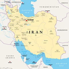 Fototapeta premium Iran, political map with provinces, borders, capital Tehran and major cities. The Islamic Republic of Iran, IRI, also known as Persia, a country in West Asia, divided into 31 provinces. Illustration
