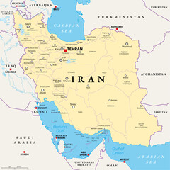 Iran, political map with provinces, borders, capital Tehran and major cities. The Islamic Republic of Iran, IRI, also known as Persia, a country in West Asia, divided into 31 provinces. Illustration