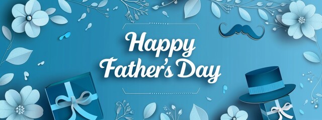 Happy Father's Day written in blue, with a mustache and hat on a background of a gift box, in the paper art style. A banner for social media post or web page design.