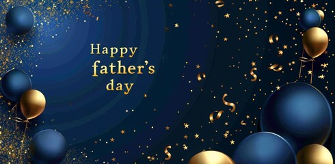 Fototapeta premium Happy Father's Day text on a navy blue background with a blur effect. Greeting card design template for Father's Day celebration, commercial web banner or poster. 