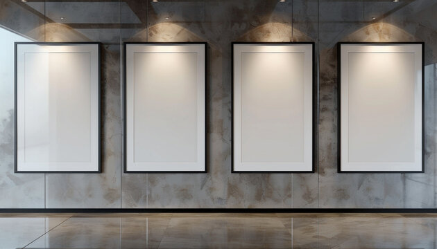 Four empty white frames with dark borders in a sleek, modern architectural design studio, each positioned and centrally spotlighted against a wall