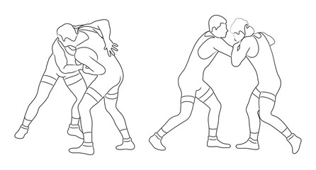 Sketch Greco Roman wrestling. Wrestlers fighting, competing. Martial art. Vector illustration isolated on white background