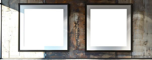 Two empty white frames with dark borders, spotlighted in a sleek architectural design studio against a wall with a weathered wood finish.