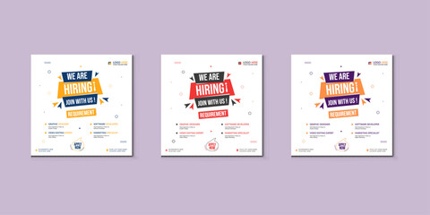 We are hiring job vacancy social media post banner design template with red color. We are hiring job vacancy square web banner design.