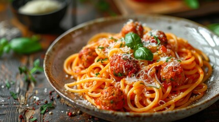 traditional italian dish spaghetti with meatballs, parmesan cheese on a wooden table a delicious representation of authentic italian cuisine