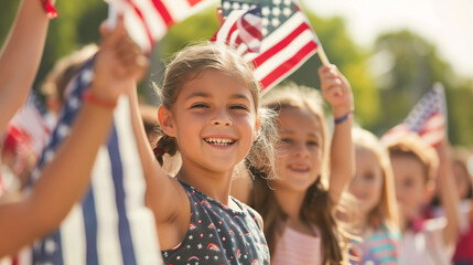 Fototapeta premium On Memorial Day, children enthusiastically wave small American flags. The background, full of respect and reflection, harmoniously combines patriotism with the memory of the fallen.
