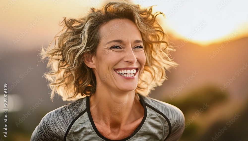 Wall mural a woman with curly hair wearing athletic attire laughs heartily, exuding happiness and confidence