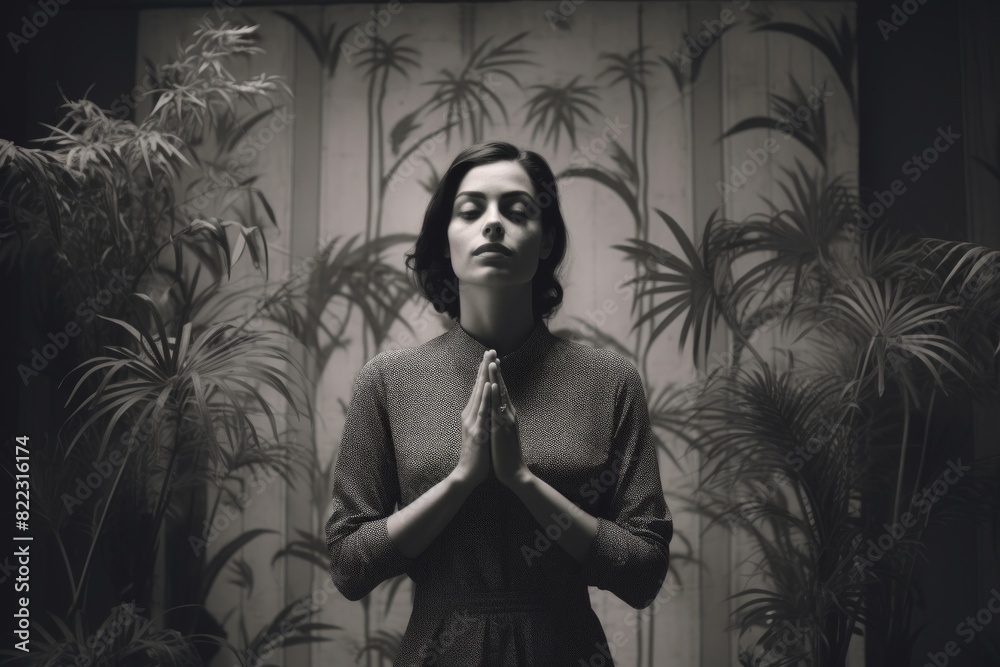 Wall mural portrait of a glad woman in her 30s joining palms in a gesture of gratitude in bare monochromatic ro - Wall murals