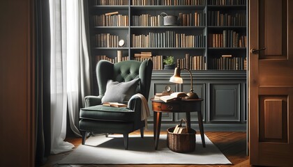 Reading corner in the office where the chair legs have been fixed to make them more visible. In modern industrial style