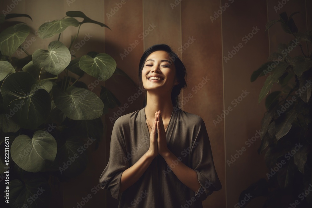 Poster portrait of a happy asian woman in her 30s joining palms in a gesture of gratitude in front of bare  - Posters