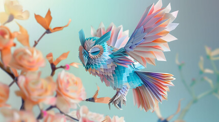 Owl Origami Flying Around Flowers