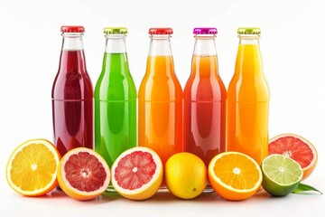 Several bottles of different colored juices and fruits on a white surface, sugary fruit juice,  drink background