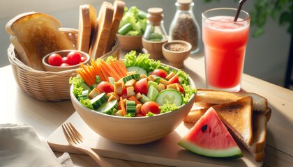 Salad bowl with lots of fresh vegetables like lettuce, carrots and tomatoes, with toasted whole wheat bread. and watermelon juice in a clear glass Create new lighting and angles on a light wooden tabl