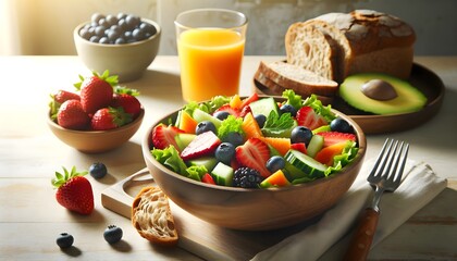 Salad bowl with various fresh vegetables This includes fresh fruit such as strawberries and blueberries. With whole wheat bread and orange juice in a clear glass