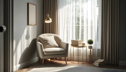 here is a light blue armchair. A small table with a modern reading lamp. The books are lined up on the table. and sheer white