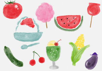 手描き・落書きテイストの夏の食べ物のイラストセット