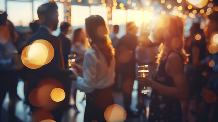 Business event in an office with a crowd of employees. Food and drink in a meeting or conference room with business people in the background. Blurred shot of business people at a party in the office