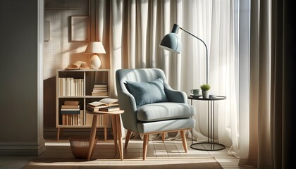 There is a light blue armchair. A small table with a modern reading lamp. The books are lined up on the table. and sheer white curtains