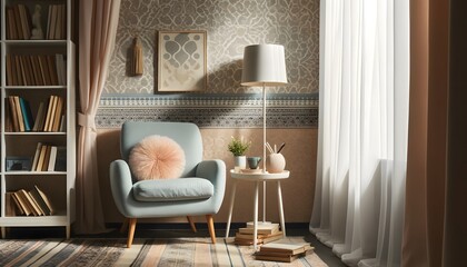 There is a light blue armchair. A small table with a modern reading lamp. The books are lined up on the table. and sheer white curtains