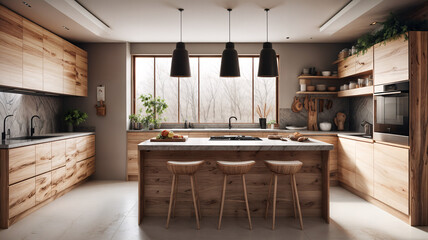 Modern kitchen interior features sleek wood cabinets and a light-filled dining area with designer chairs