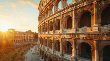 Obraz premium ancient colosseum illuminated by warm morning sun in rome italy historic landmark