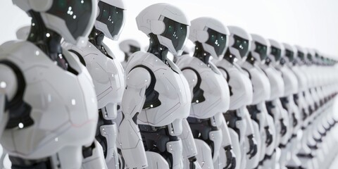 3D rendering style of white humanoid robots arranged in rows on a white background 