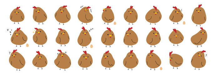 Brown Chicken collection 1 cute on a white background, vector illustration.