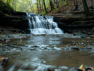 Serene Autumn Waterfall in Forest with Lush Foliage and Rocky Ledges | Peaceful Natural Beauty of Sunlit Trees and Cascading Water Flowing into Reflective Stream in Tranquil Woodland Landscape