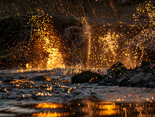 Golden Hour Water Spray Splendor: Dazzling Mid-Air Water Splashes Illuminated by Sunrise or Sunset Light in Serene, Tranquil Setting with Reflective Orange and Gold Highlights