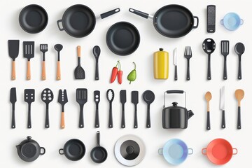 The set of 3d modern objects depicts kitchen utensils in top view, including pots, pans, plates.