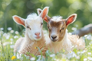 Fototapeta premium Two cute baby goats sheep sitting on a green meadow background 