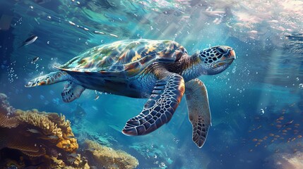 Fototapeta premium ancient turtle swimming in crystal blue ocean waters serene underwater wildlife illustration