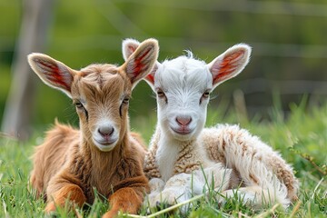 Obraz premium Two cute baby goats sheep sitting on a green meadow background 