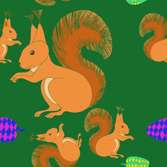 Seamless doodle  colored  squirrel. Hand drawn.
