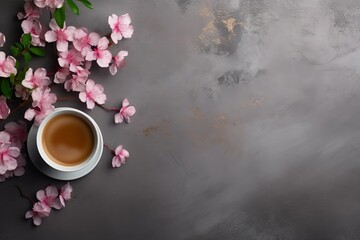 Spring still life on a dark background. A cup of hot coffee, a blossoming apple tree branch.