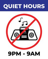 Quiet hours from 9pm to 9 am. No music or radio audio sign icon illustration with red circle cross isolated on vertical background. Simple flat cartoon styled drawing for poster prints.