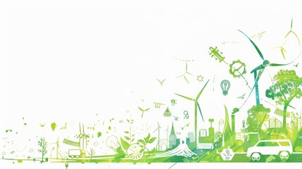 An illustration featuring green energy solutions like wind turbines and electric vehicles, integrated with icons for water conservation and eco-friendly products, leaving space for text or graphics.