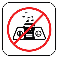 No music or radio audio sign icon illustration with red circle cross isolated on square white background. Simple flat cartoon styled drawing for poster prints or social media graphic design elements.